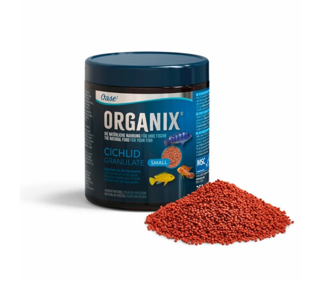 Cette image montre l’aliment ORGANIX Cichlid Granulate S